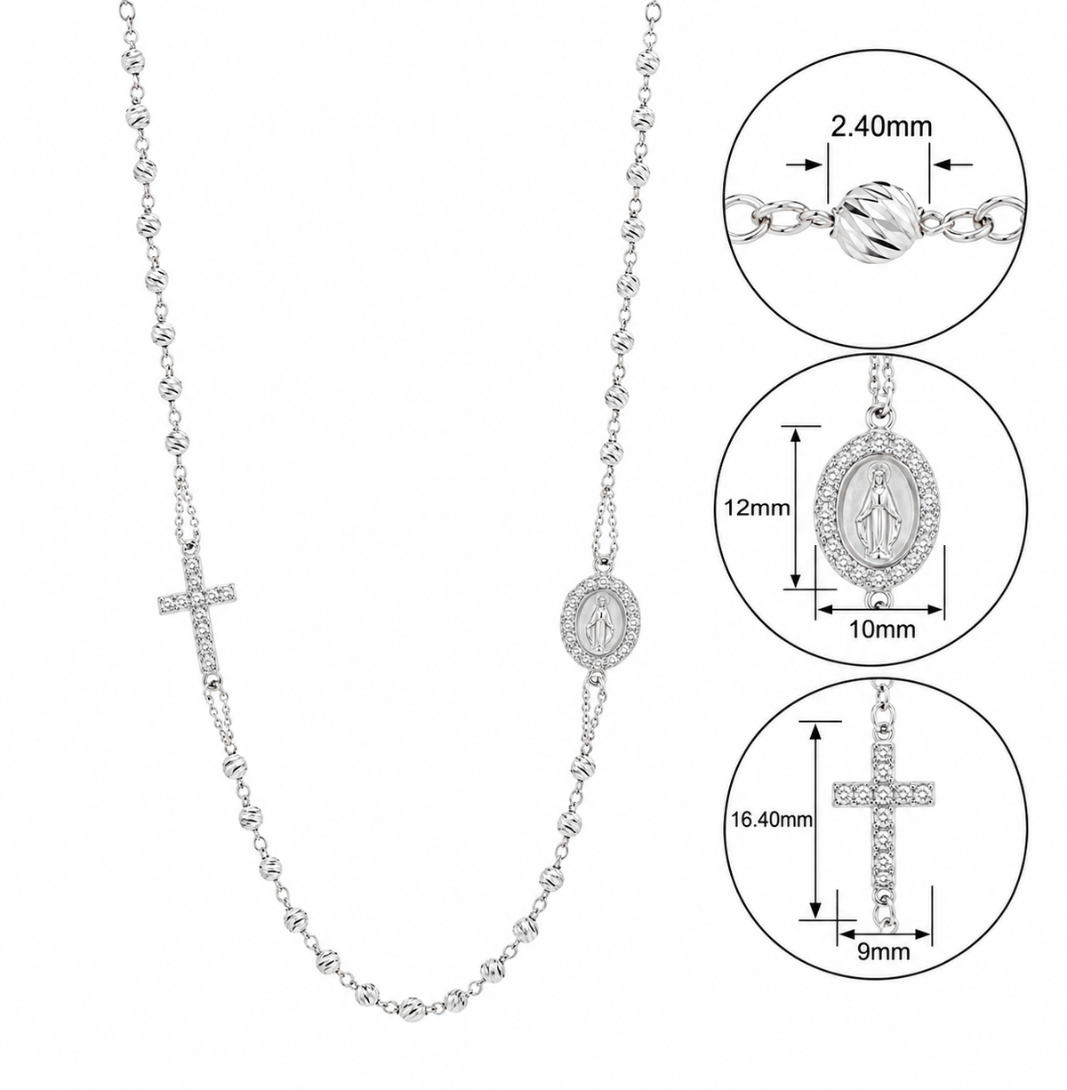 18KT White Gold Diamond Cut Rosary Station Necklace with CZ Miraculous Medal & Cross