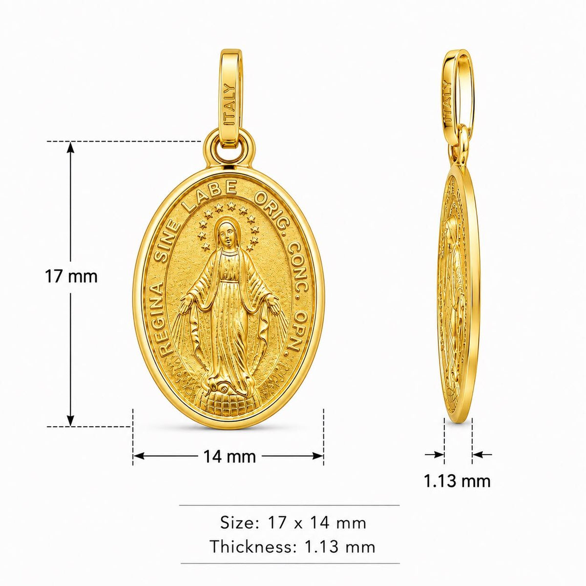 18KT Yellow Gold Our Lady of Miraculous Medal Pendant - Size 17x12mm