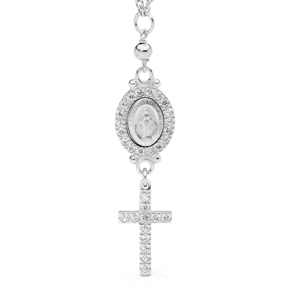 18KT White Gold Rosary Necklace with CZ Miraculous Medal & Cross