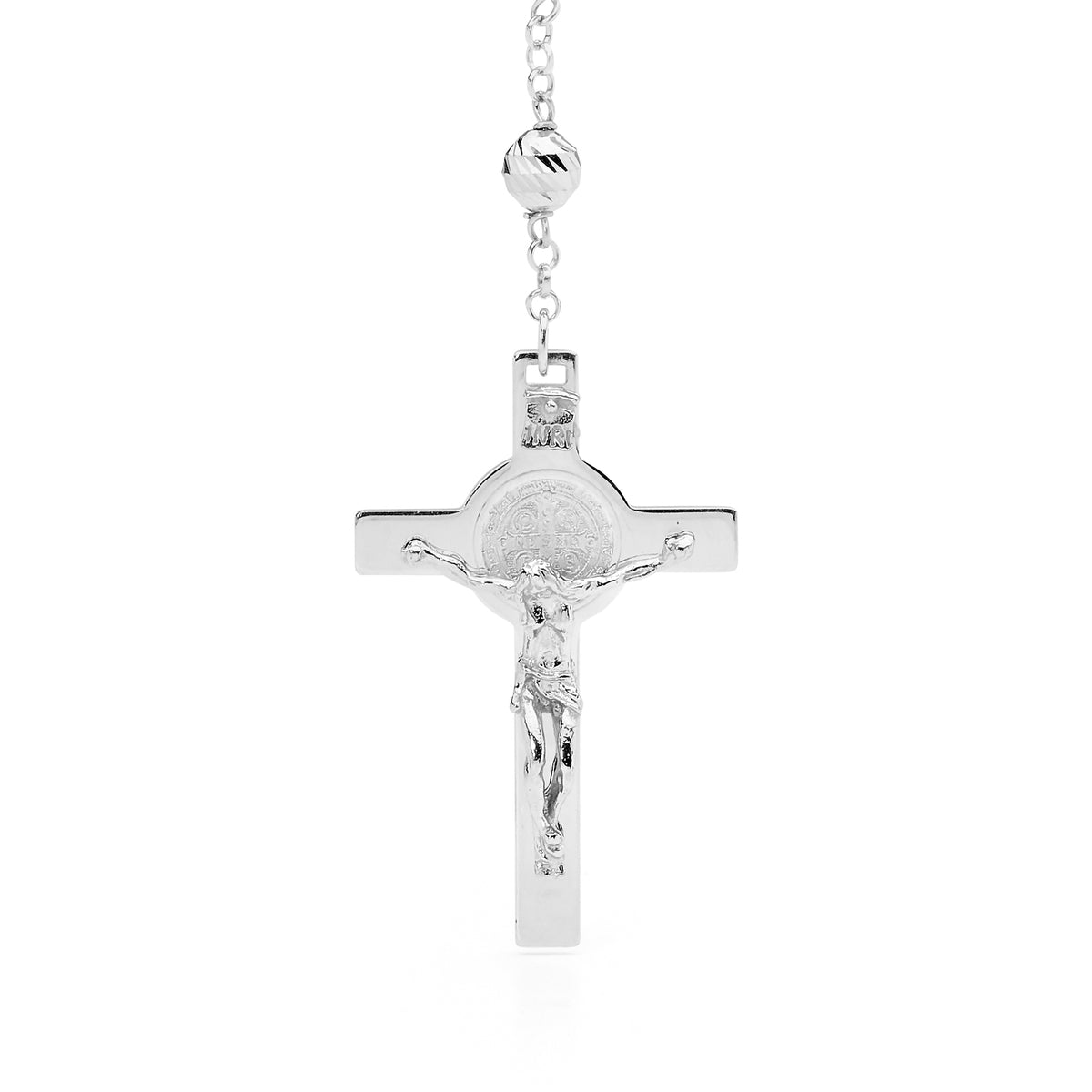 18KT White Gold Diamond Cut Rosary Bead Necklace with St Benedict Cross