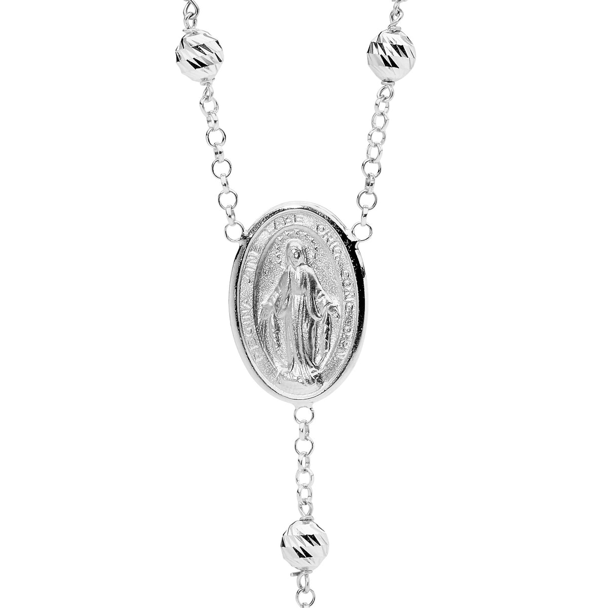 18KT White Gold Diamond Cut Rosary Bead Necklace