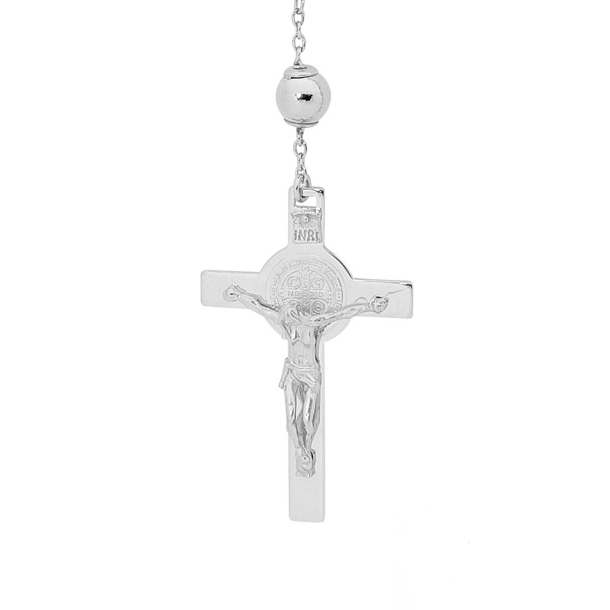 18KT White Gold Rosary Bead Necklace with St Benedict Cross