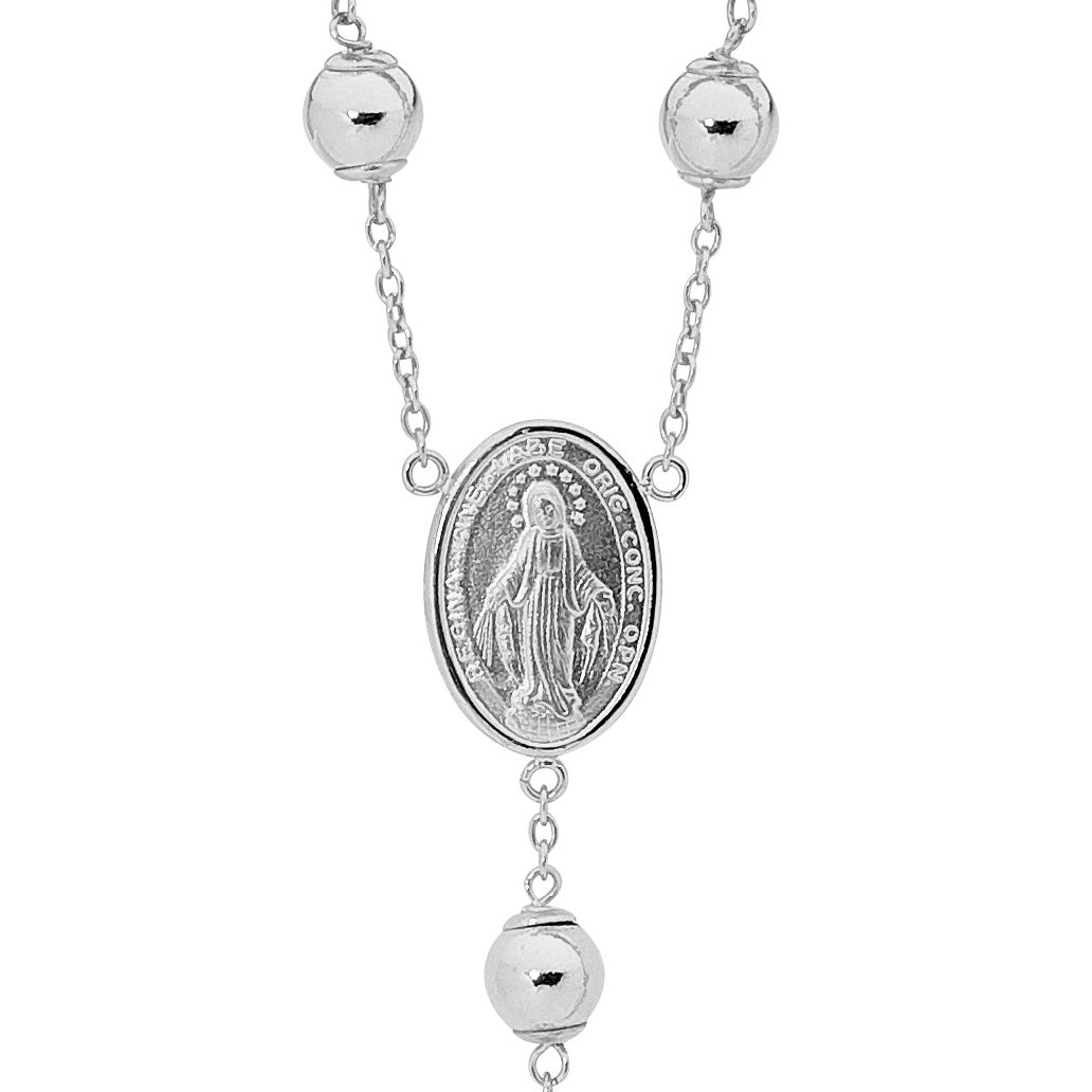 18KT White Gold Rosary Bead Necklace with St Benedict Cross