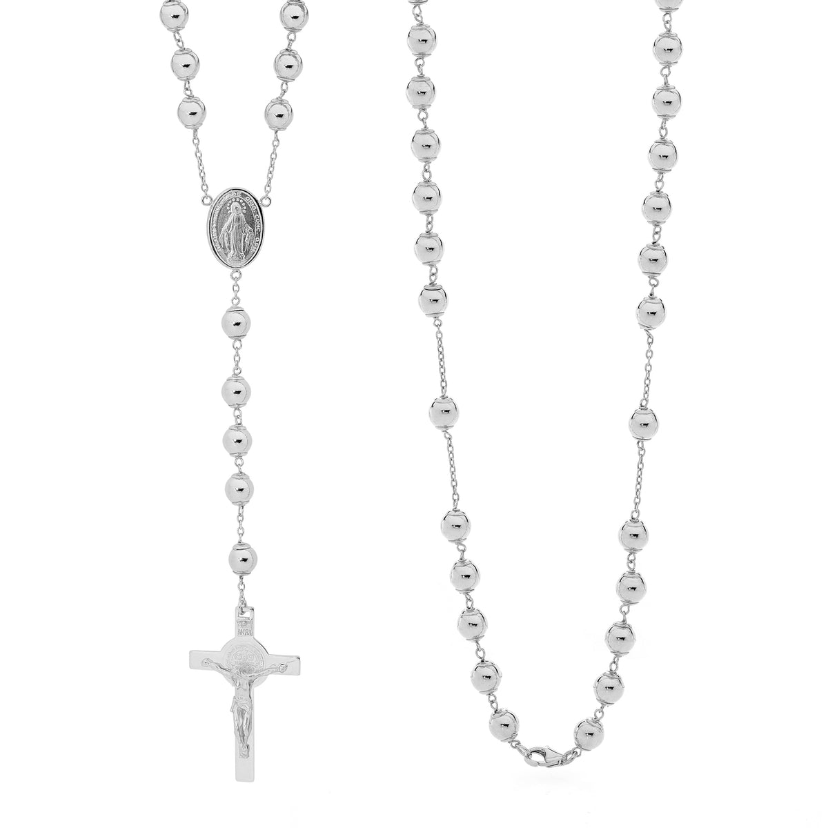 18KT White Gold Rosary Bead Necklace with St Benedict Cross