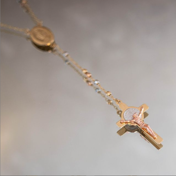 18KT Yellow/White/Rose Gold Diamond Cut Rosary Bead Necklace