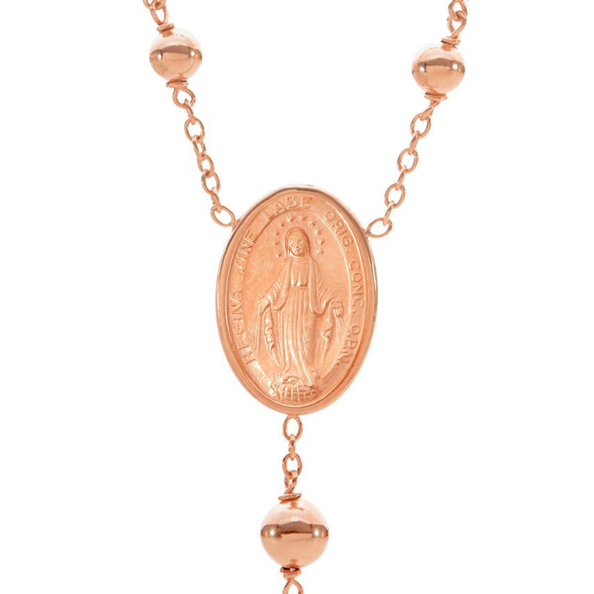 18KT Rose Gold Rosary Bead Necklace with St Benedict Cross