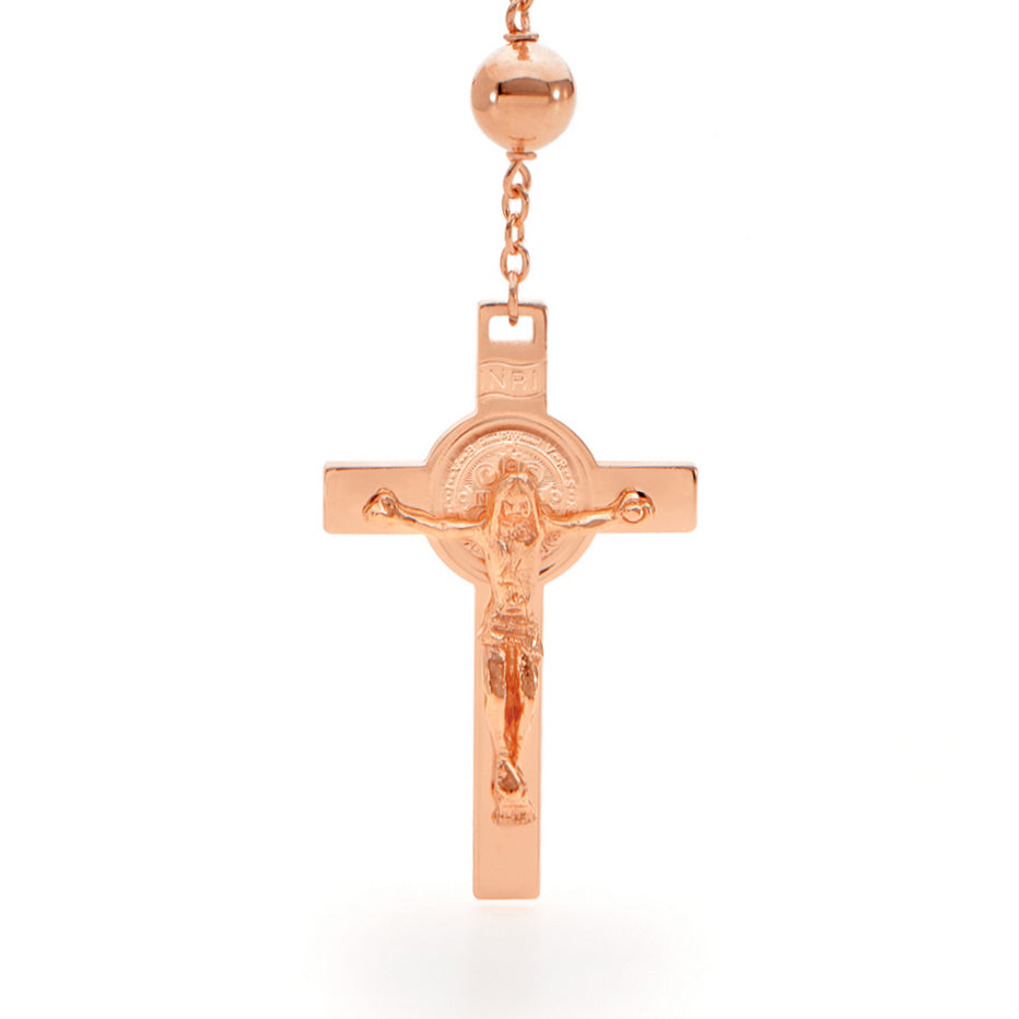 18KT Rose Gold Rosary Bead Necklace with St Benedict Cross