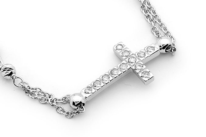 18KT White Gold Diamond Cut Rosary Bracelet with Cubic Zirconia