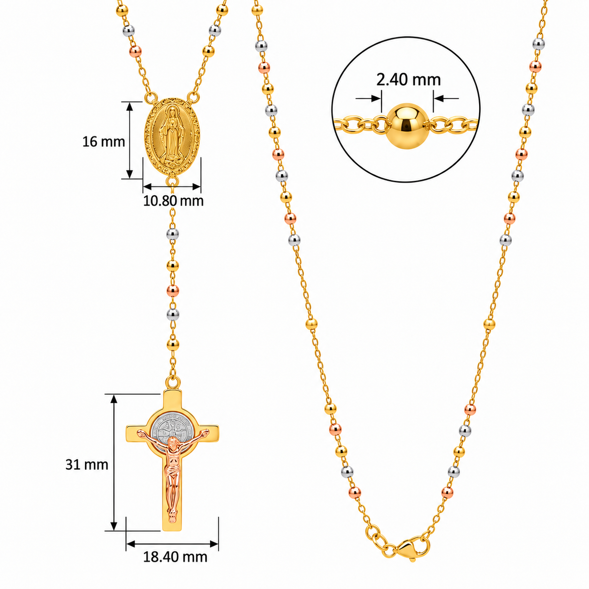 18KT Yellow/White/Rose Gold Diamond Cut Rosary Bead Necklace