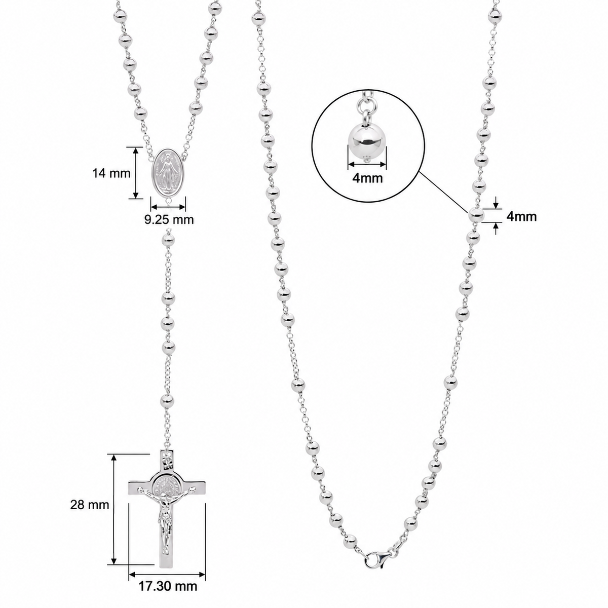 Sterling Silver Plain Rosary Bead Necklace