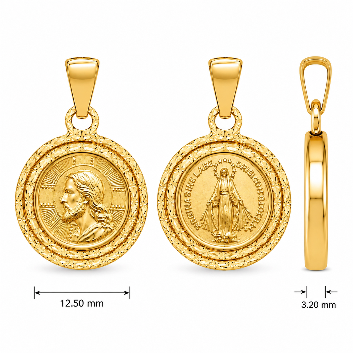 12.50mm 9KT Yellow Gold Jesus and Mary Medal Pendant
