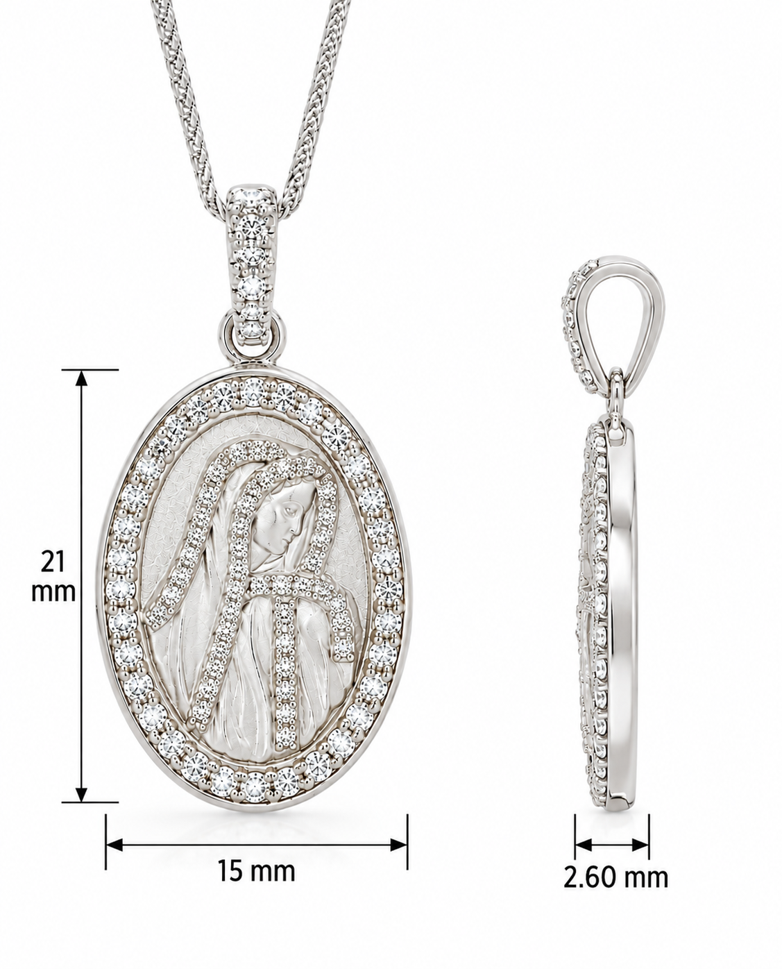 18KT White Gold Our Lady Diamond Medal Necklace