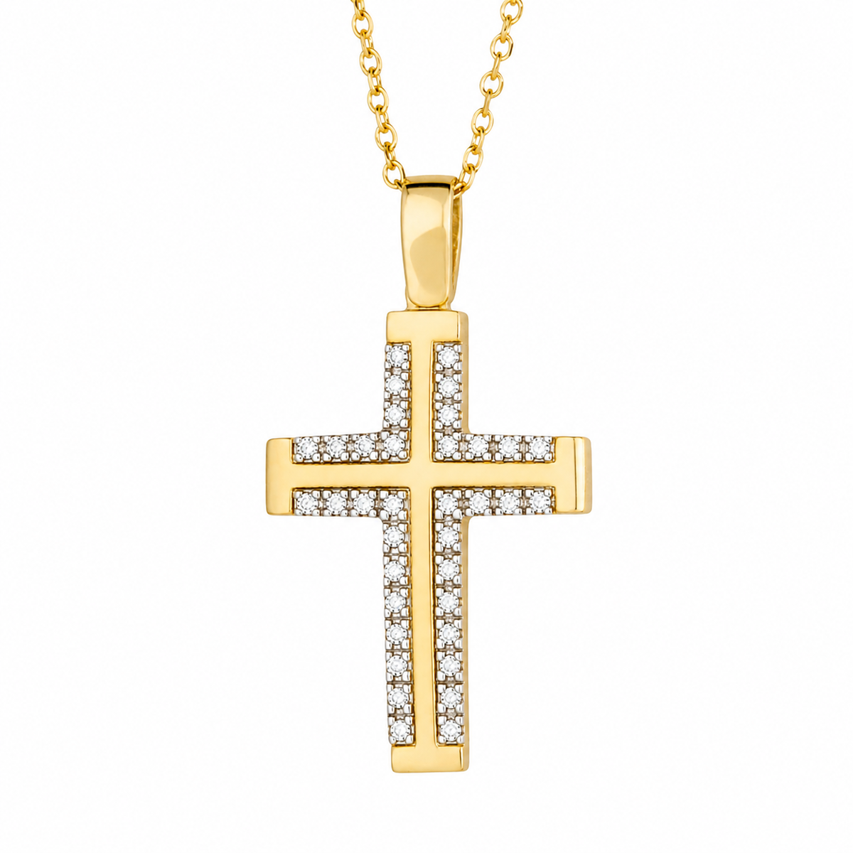 9KT Yellow And White Gold Cross Pendant With Cubic Zirconia