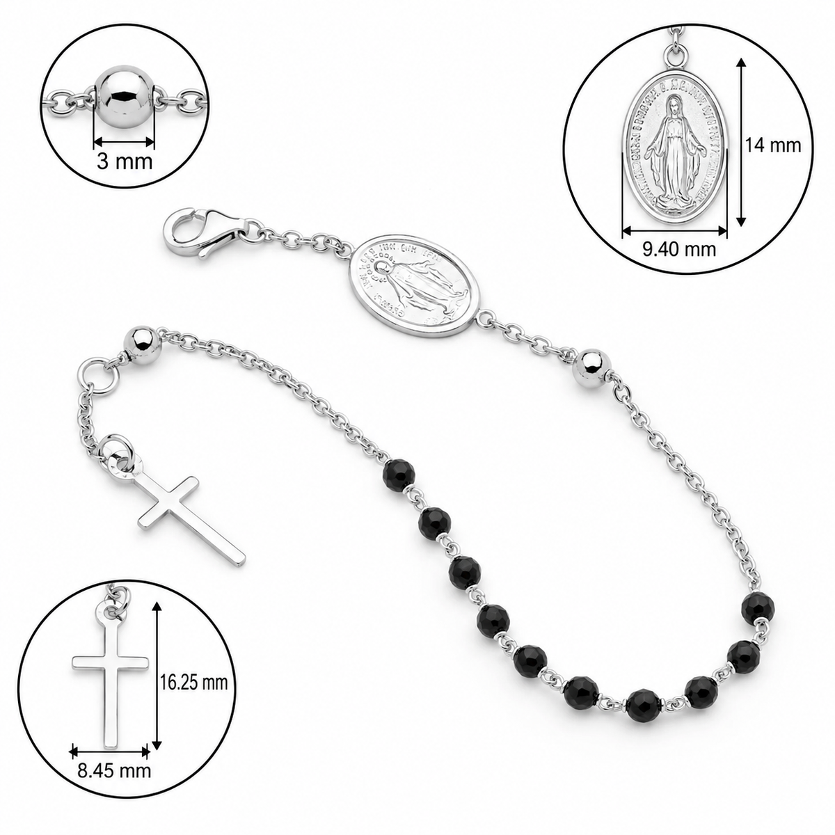 9KT White Gold Black Onyx Rosary Bead Bracelet