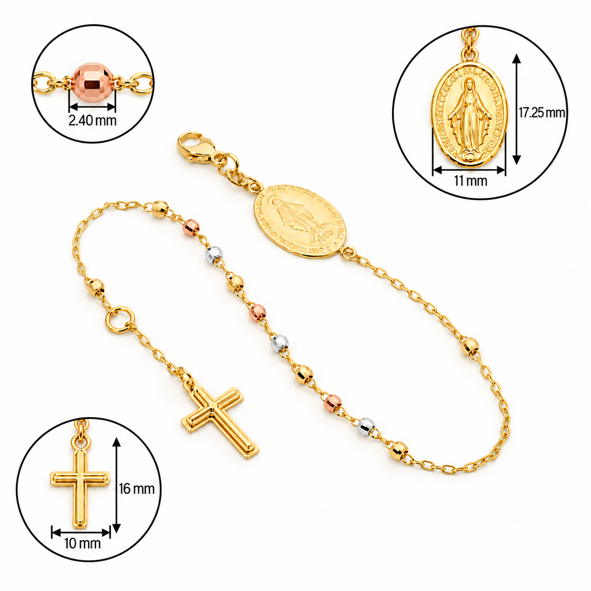 18KT Yellow, White & Rose Gold Diamond Cut Rosary Bracelet