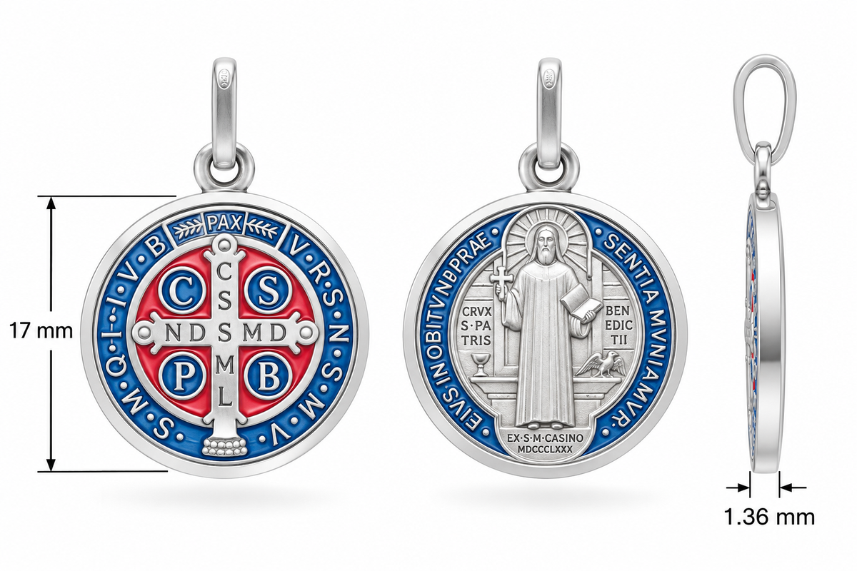 17mm Enamel Sterling Silver St Benedict Medal Pendant