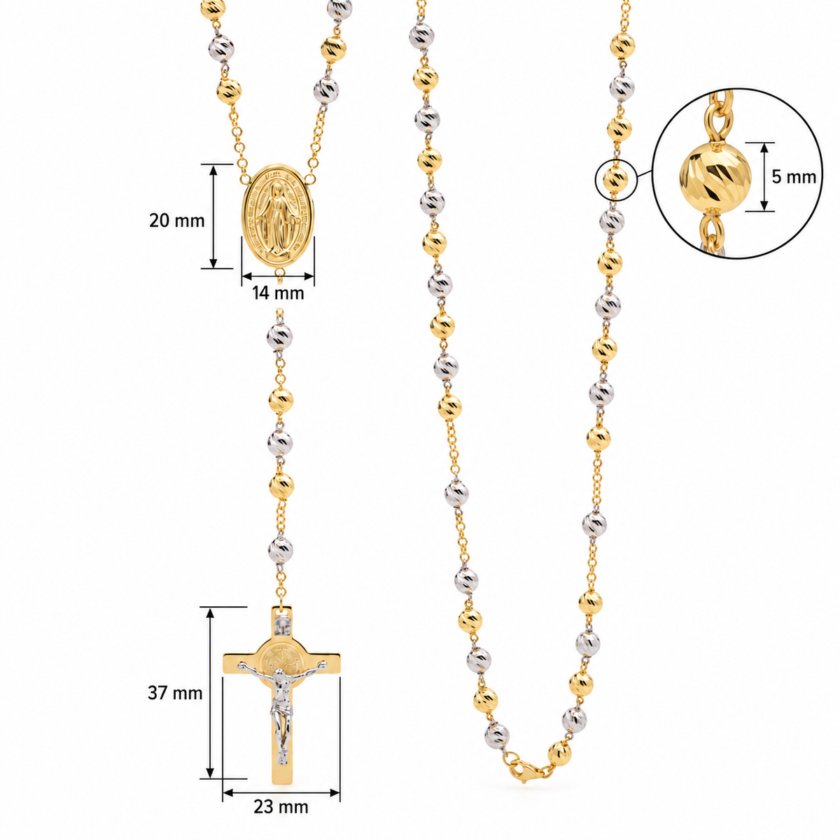 18KT White/Yellow Gold Diamond Cut Rosary Bead Necklace