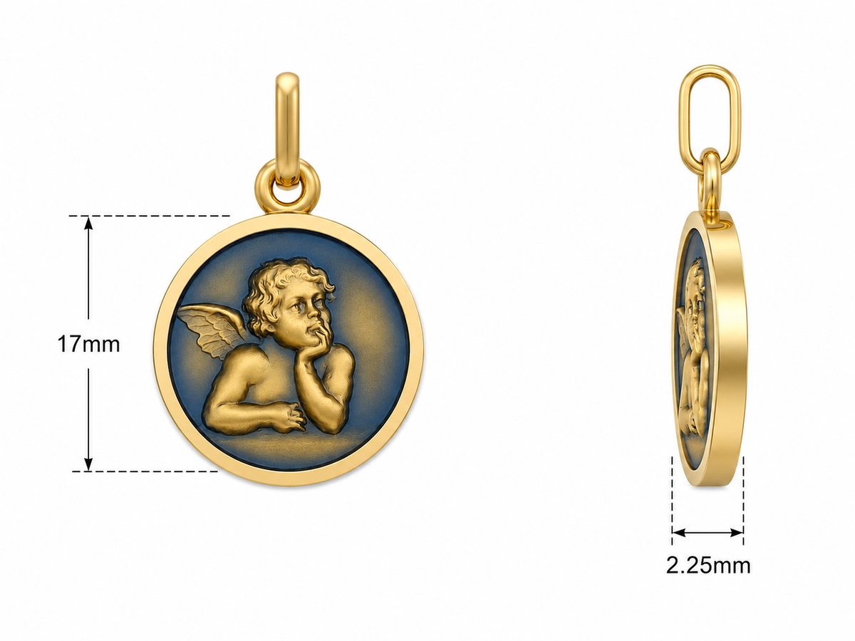 15mm 9KT Yellow Gold Enamel Angel Medal Pendant