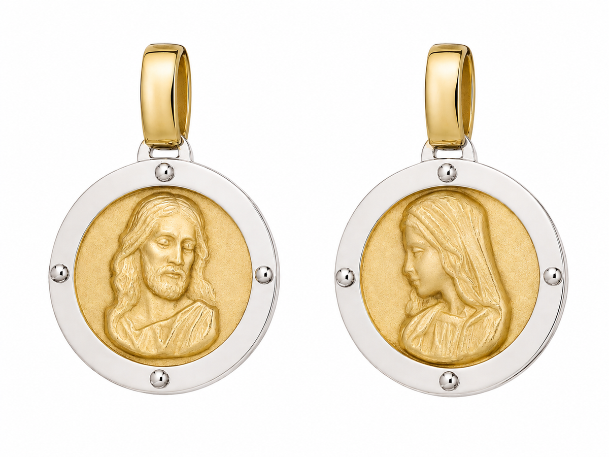 17mm 9KT Yellow and White Gold Jesus and Mary Pendant