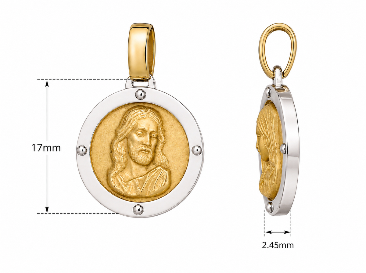 17mm 9KT Yellow and White Gold Jesus and Mary Pendant