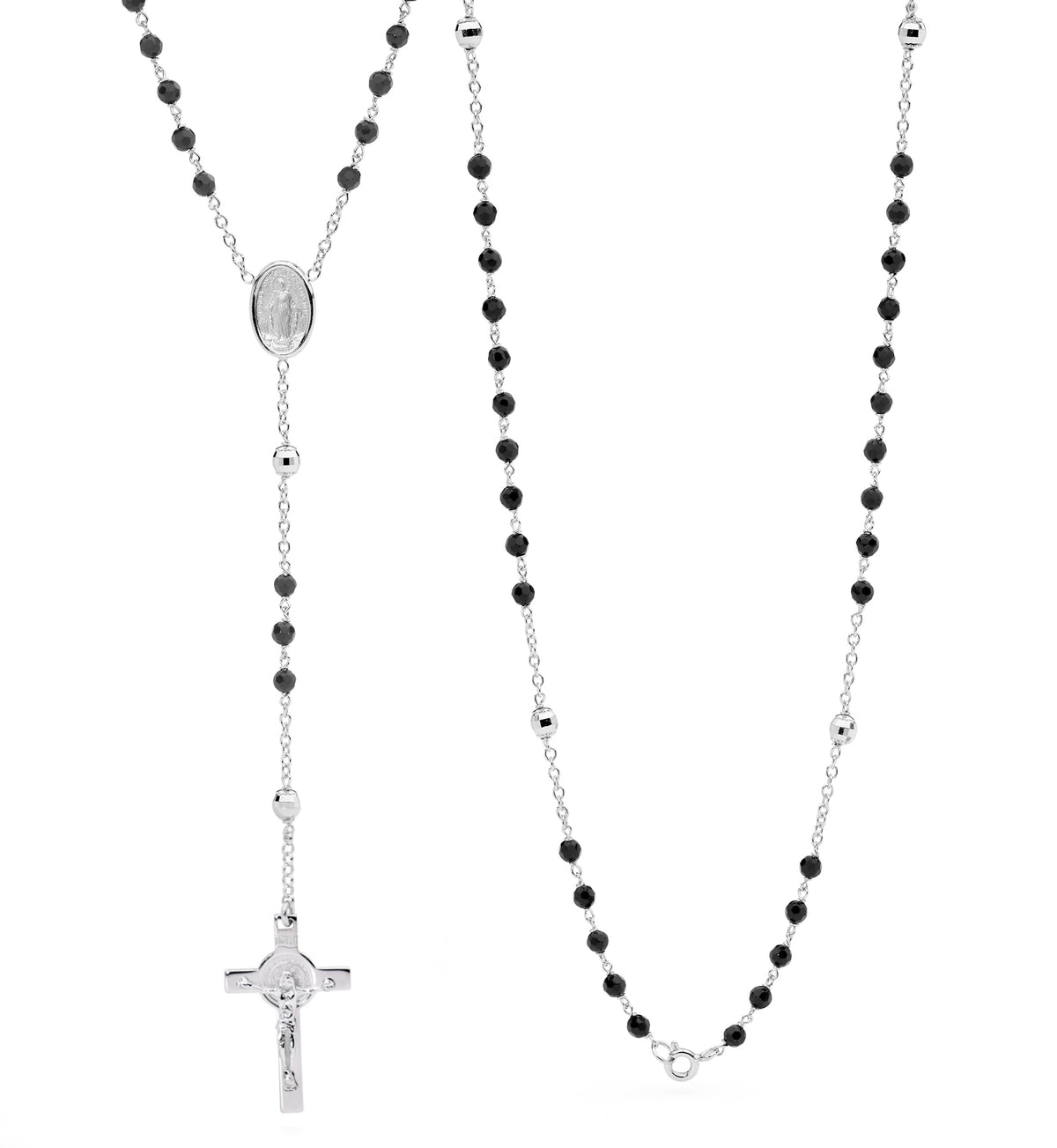 9K White Gold Black Onyx Rosary Bead Necklace