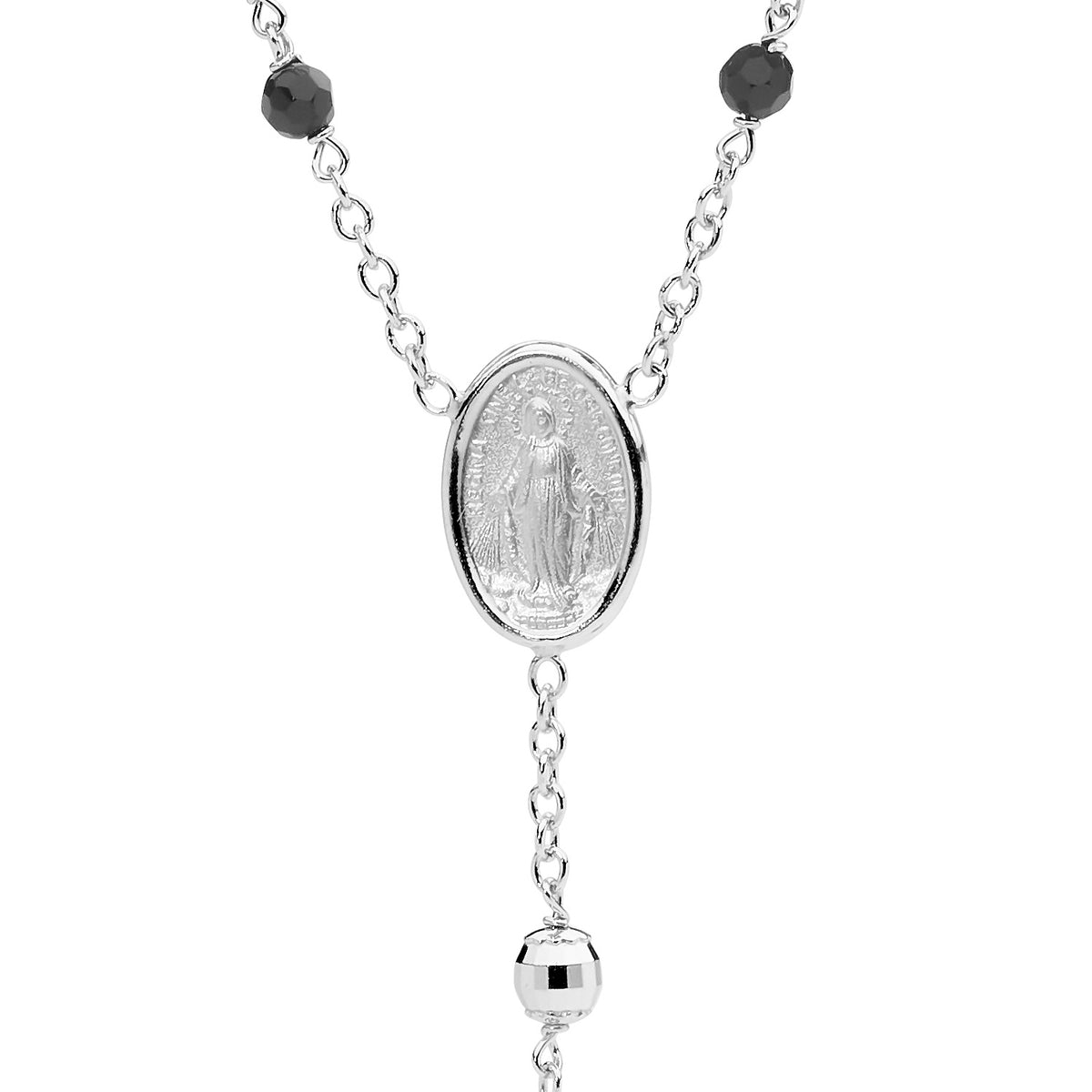 9K White Gold Black Onyx Rosary Bead Necklace