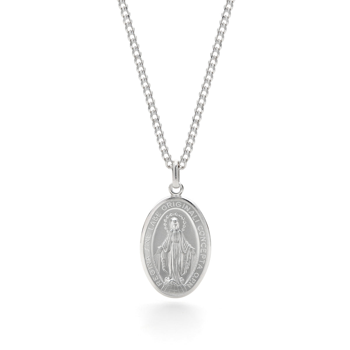 Sterling Silver Our Lady of Miraculous Medal Concave Curb Chain Necklace