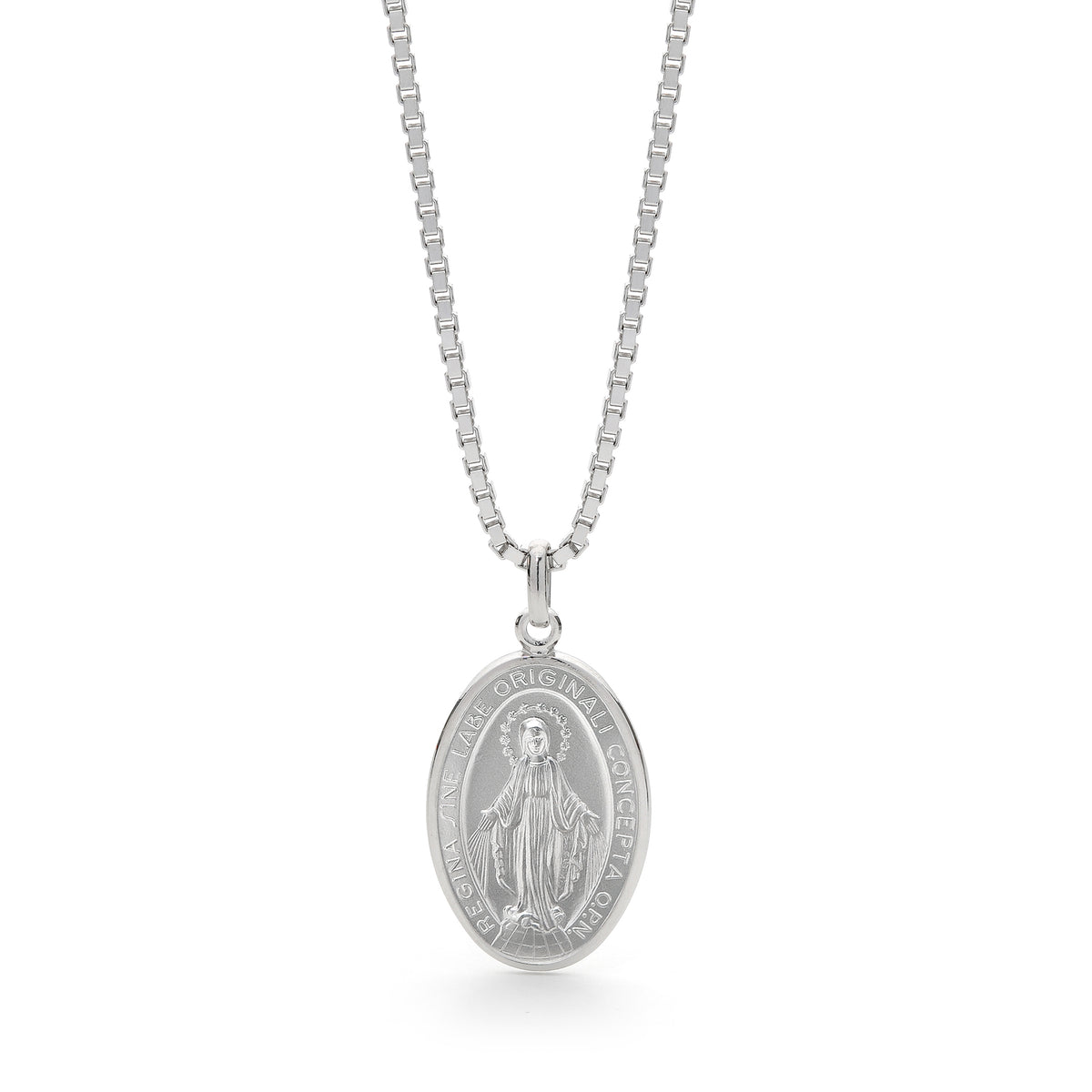Sterling Silver Our Lady of Miraculous Medal Box Chain Necklace