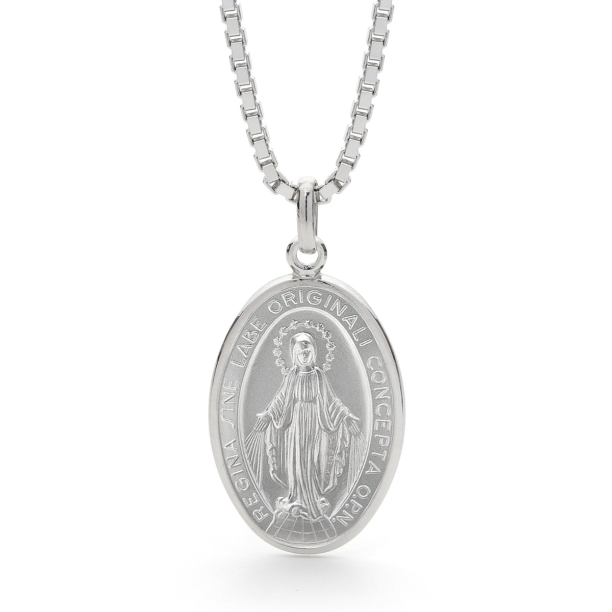 Sterling Silver Our Lady of Miraculous Medal Box Chain Necklace