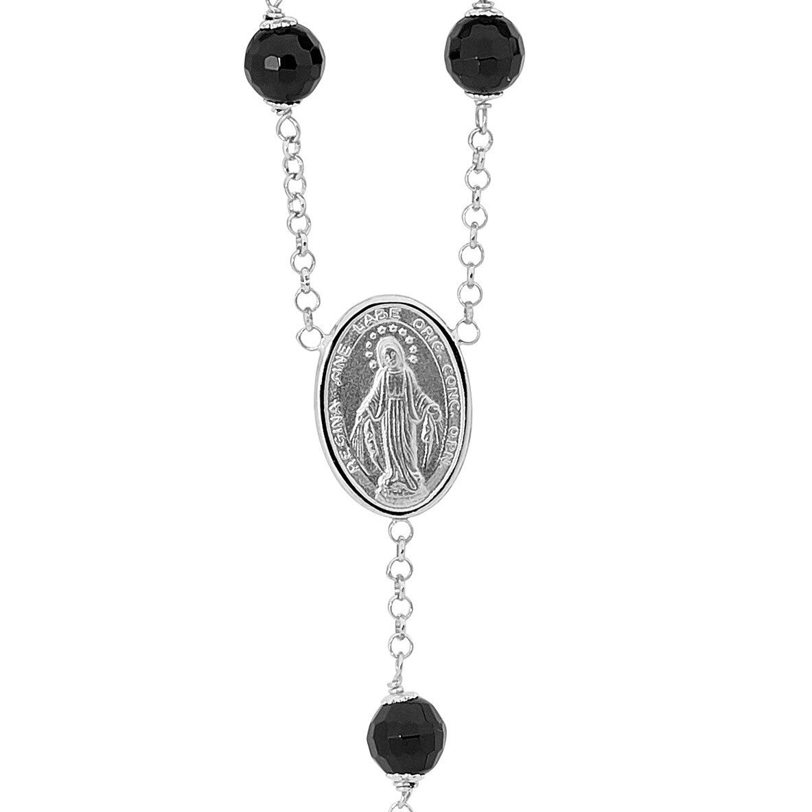 Sterling Silver Black Onyx Rosary Bead Necklace