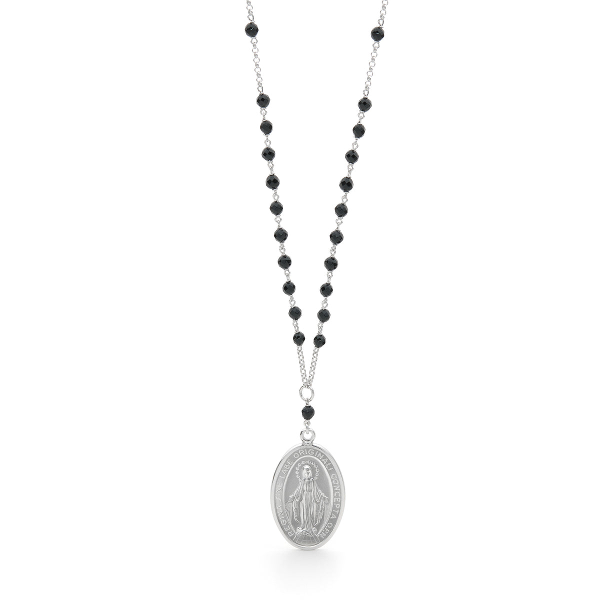 Sterling Silver Black Onyx Mary Rosary Necklace Medal