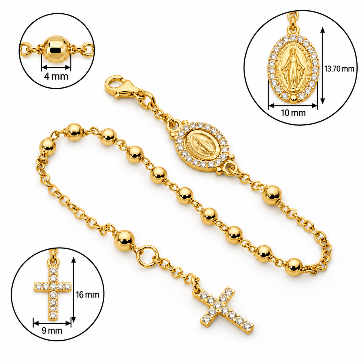 9KT Yellow Gold CZ Rosary Bead Bracelet