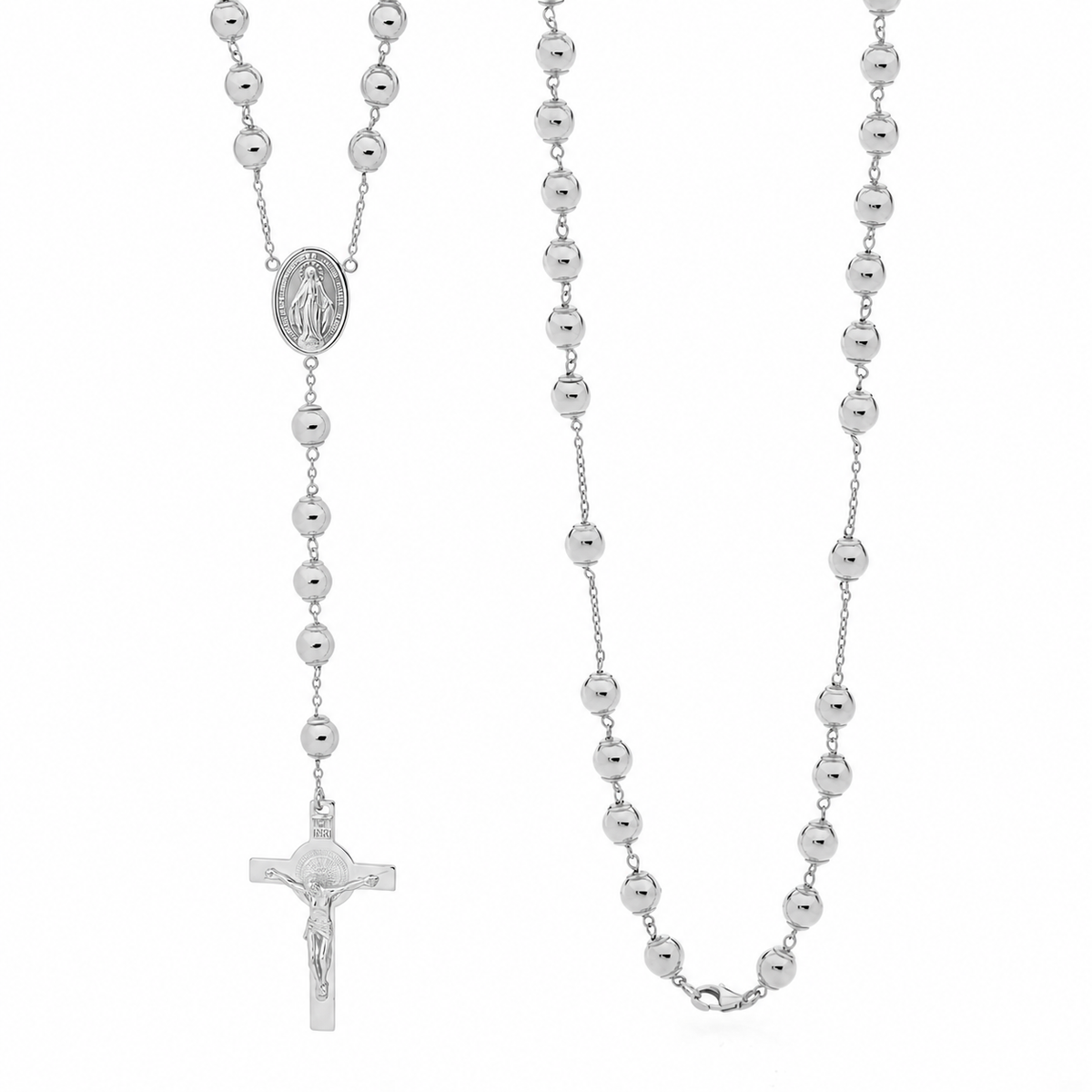 18KT White Gold Rosary Bead Necklace with St Benedict Cross