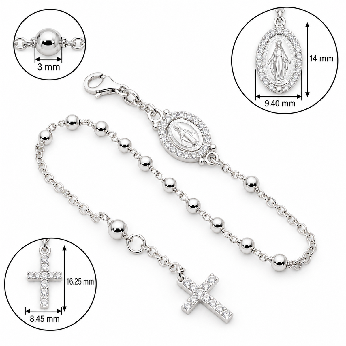 Sterling Silver CZ Rosary Bead Bracelet