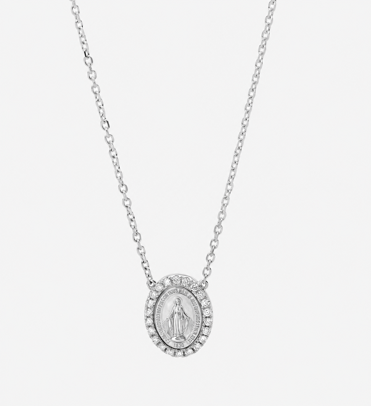 18KT White Gold Lady of Miraculous Diamond Medal Necklace