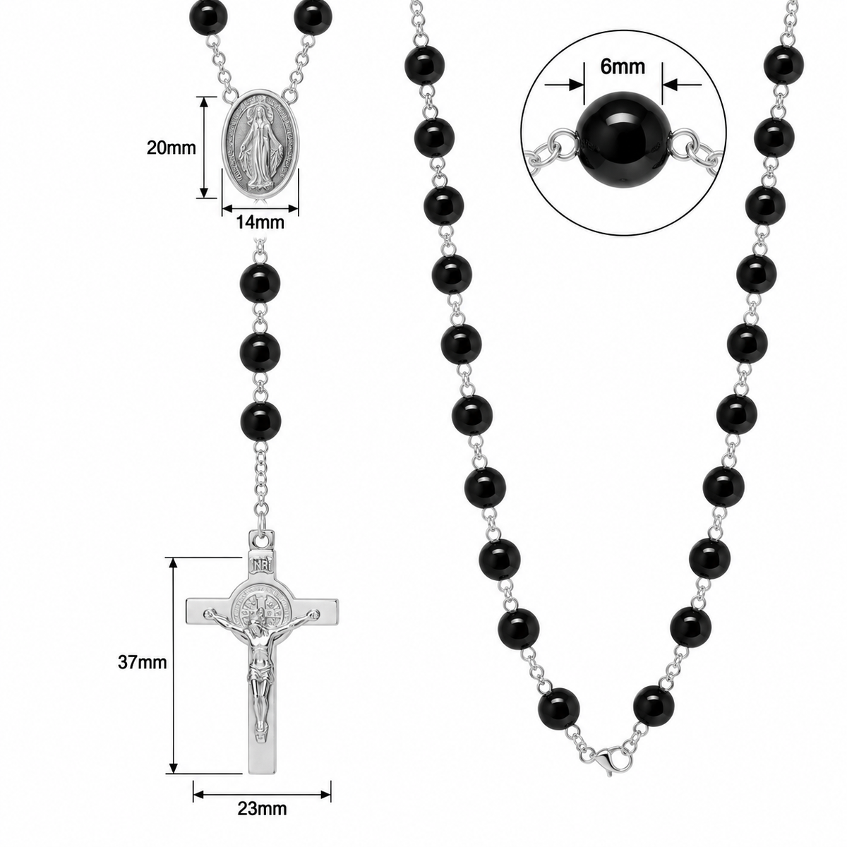 Sterling Silver Black Onyx Rosary Bead Necklace