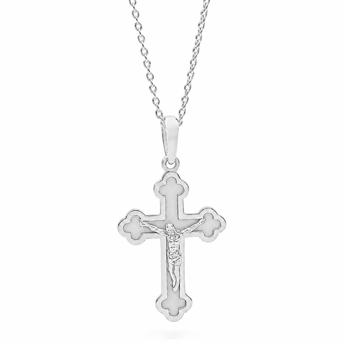 18KT White Gold Shiny and Matt Orthodox Cross Pendant
