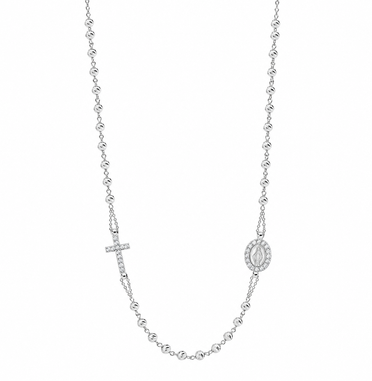 18KT White Gold Diamond Cut Rosary Station Necklace with CZ Miraculous Medal & Cross