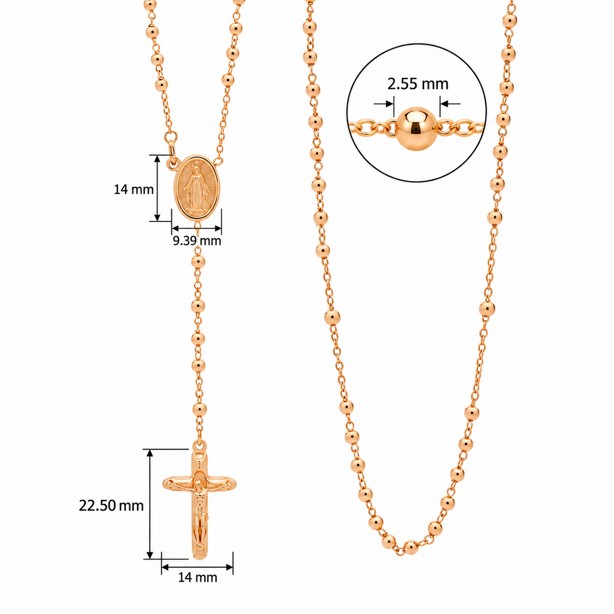 18KT Rose Gold Rosary Bead Necklace