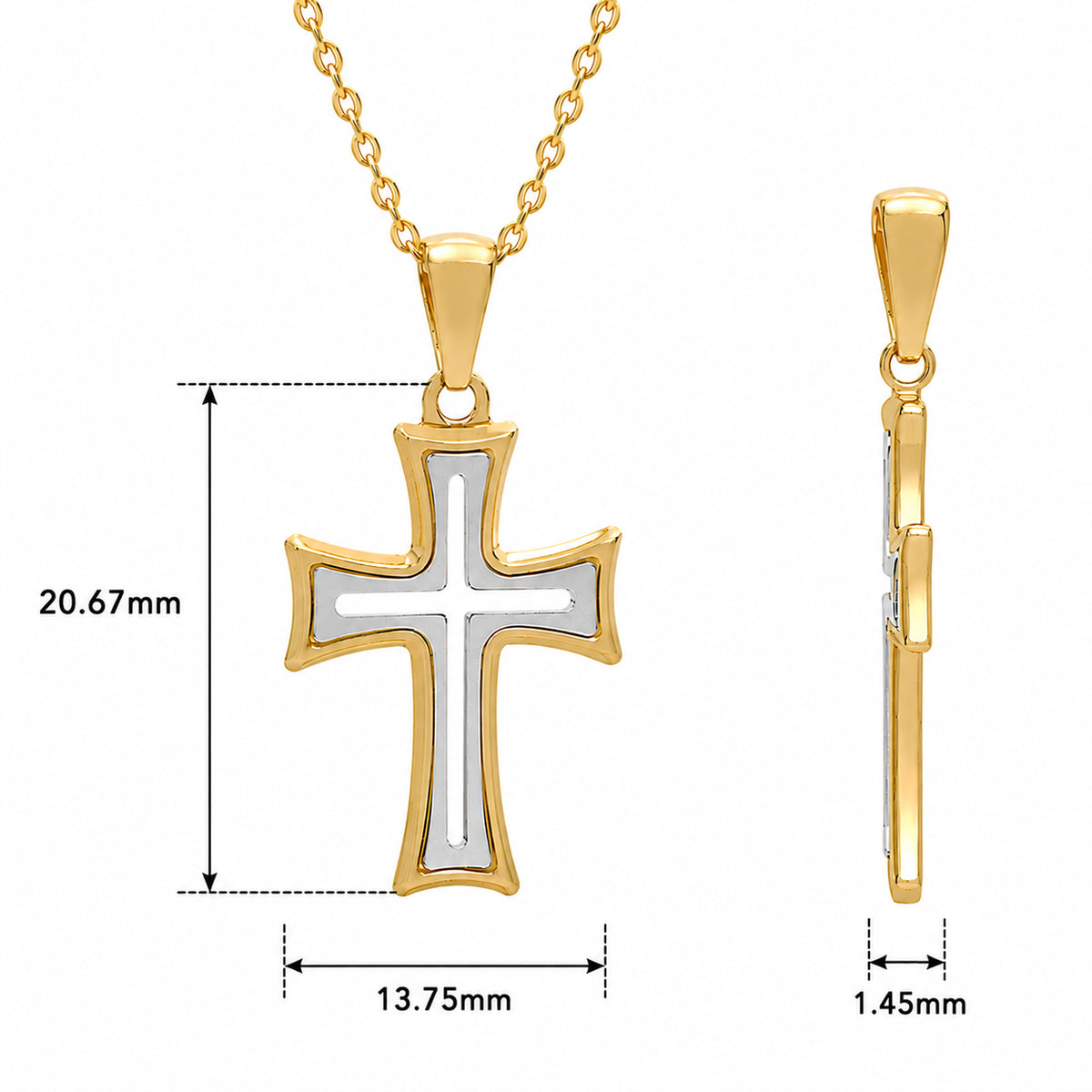 18KT Yellow and White Gold Point Edge Shape Cross Pendant