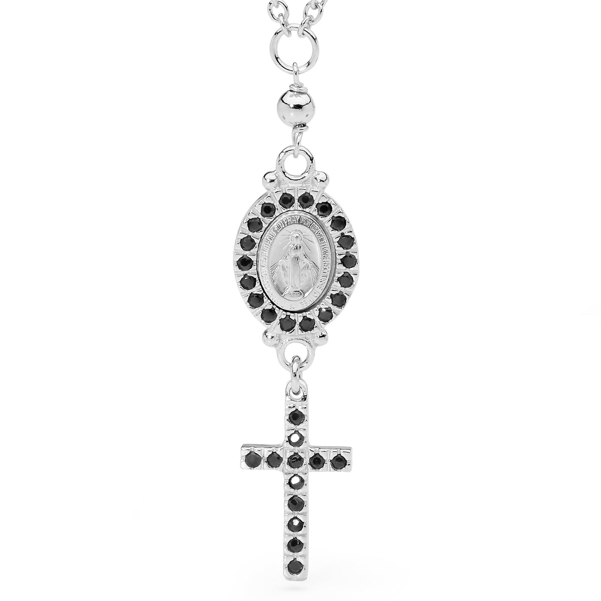 18KT White Gold Rosary Necklace with Black Onyx Miraculous Medal & Cross