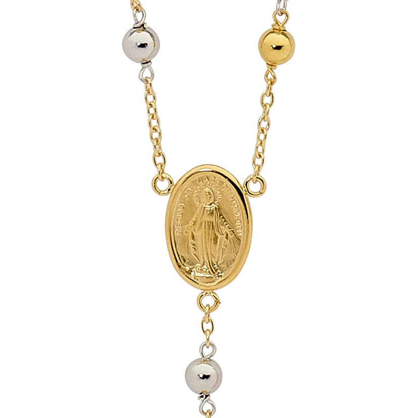 18KT Yellow & White Gold Rosary Bead Necklace with St Benedict Cross