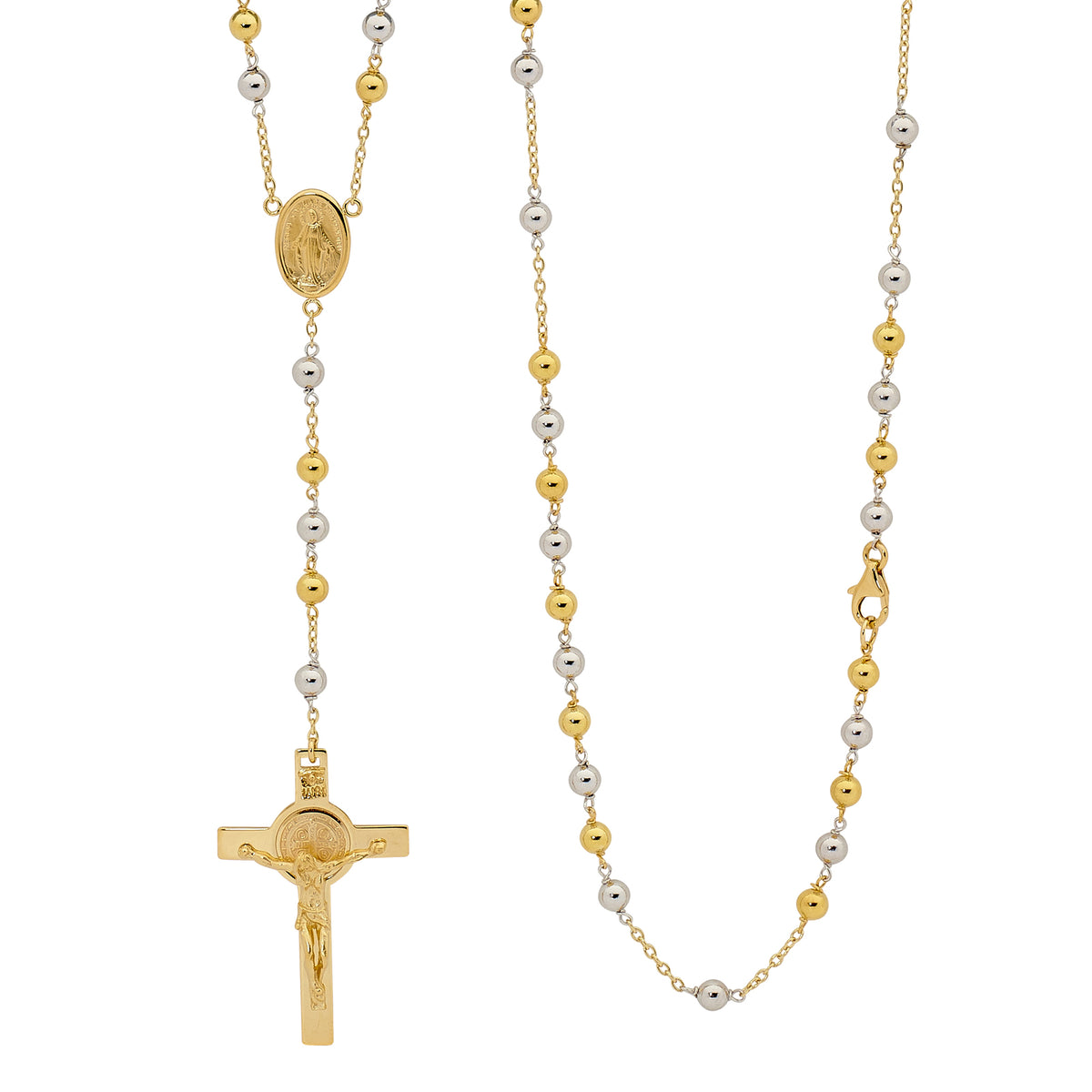 18KT Yellow & White Gold Rosary Bead Necklace with St Benedict Cross