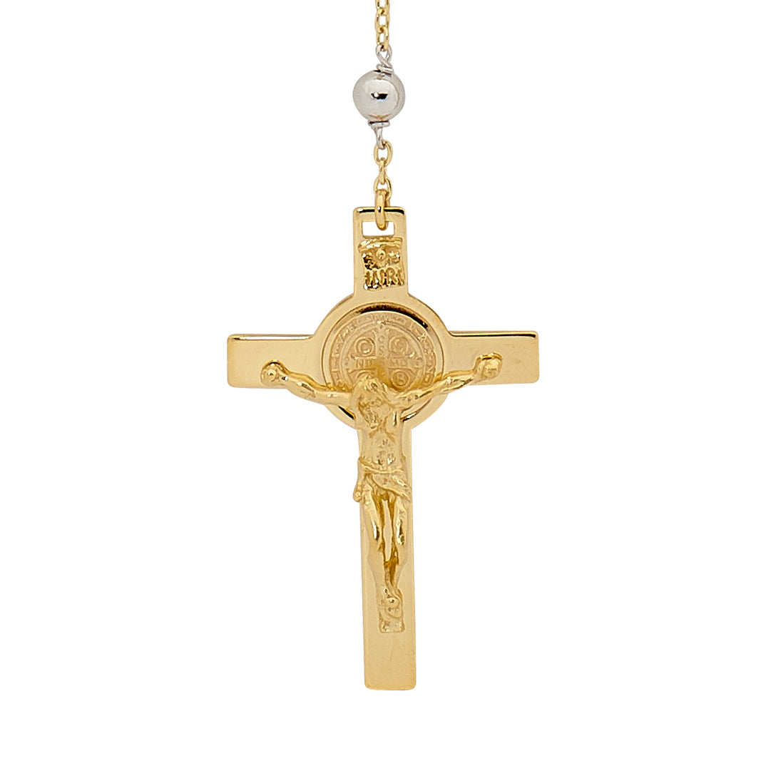 18KT Yellow & White Gold Rosary Bead Necklace with St Benedict Cross