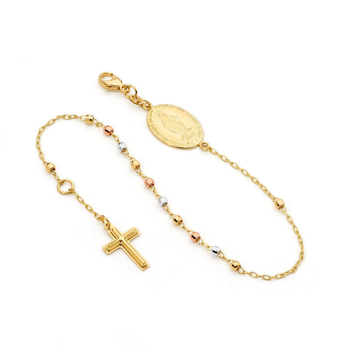 18KT Yellow, White & Rose Gold Diamond Cut Rosary Bracelet