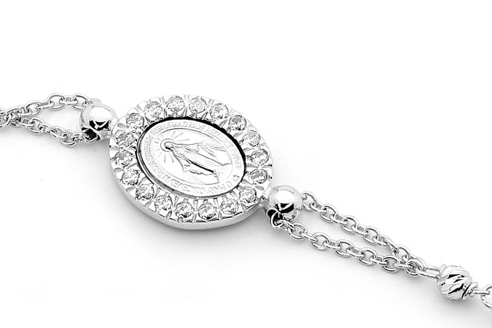 18KT White Gold Diamond Cut Rosary Bracelet with Cubic Zirconia