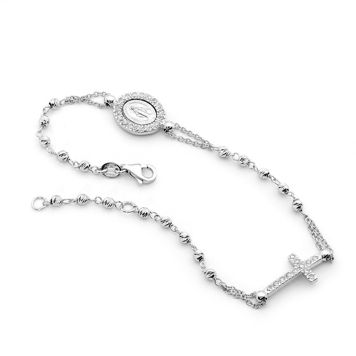 18KT White Gold Diamond Cut Rosary Bracelet with Cubic Zirconia