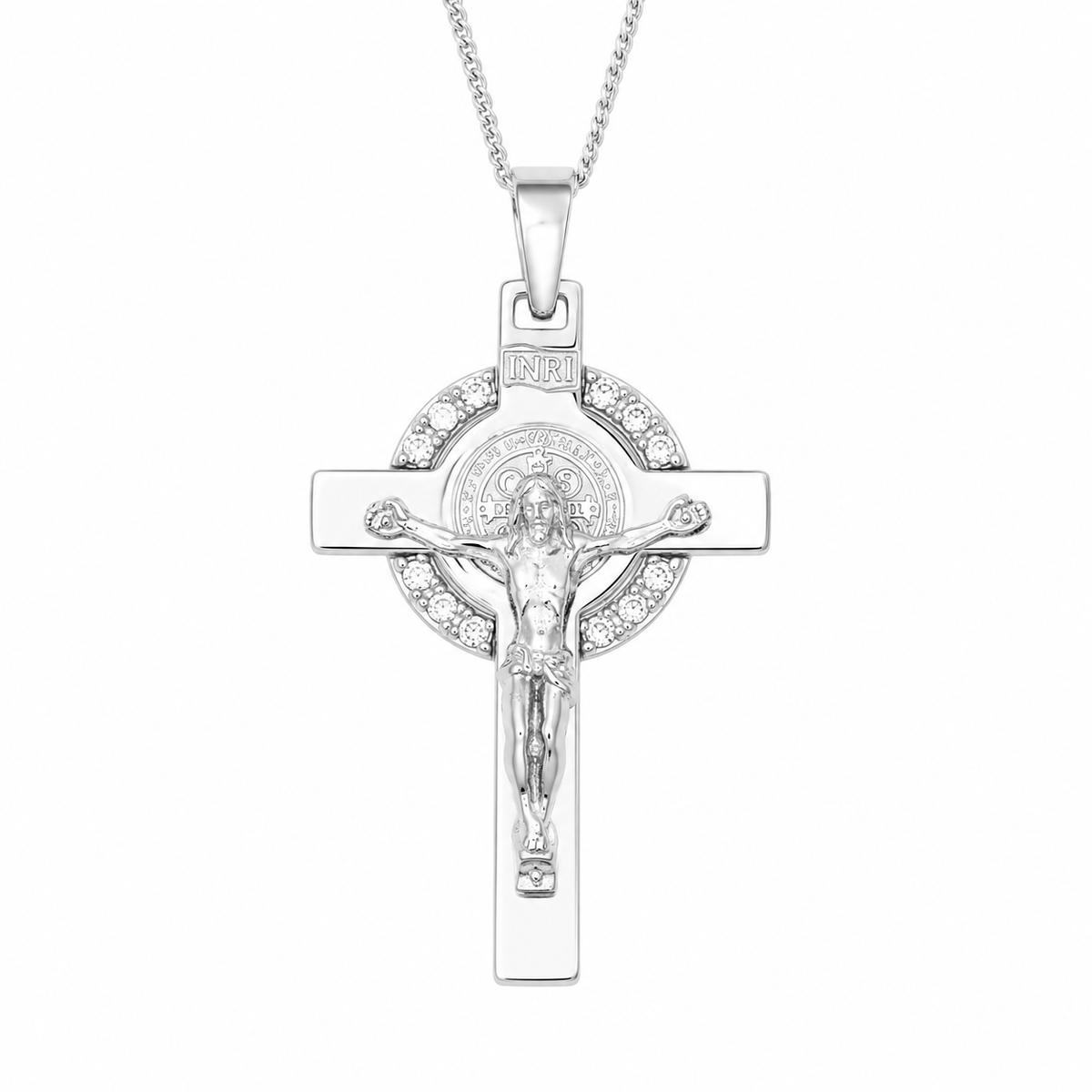 9KT White Gold St Benedict Crucifix Cross Pendant With Cubic Zirconia