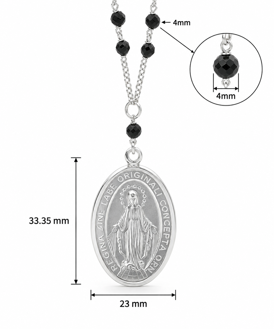 Sterling Silver Black Onyx Mary Rosary Necklace Medal