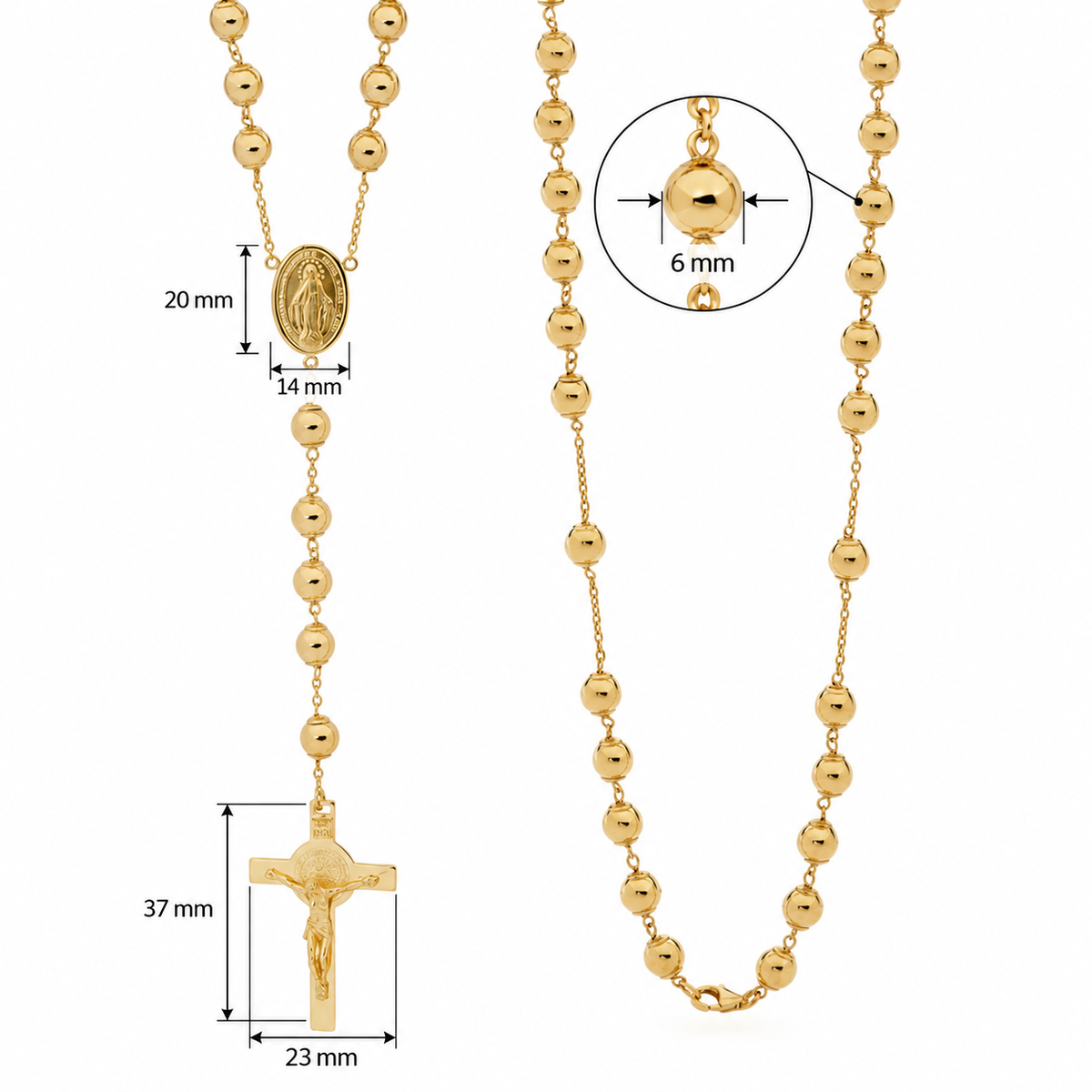 18KT Yellow Gold Plain Rosary Bead Necklace with St. Benedict
